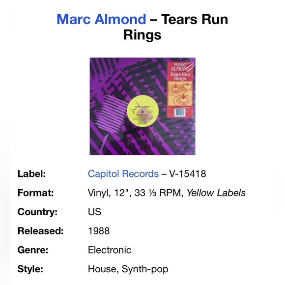 Vinyl Marc Almond Tears run rings Exc. condition 80s Rare - Picture 1 of 5